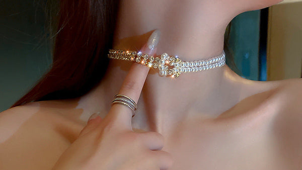 Pearl Crystal Choker Necklaces For Women Short Chain Rhinestone Necklaces Statement Jewelry